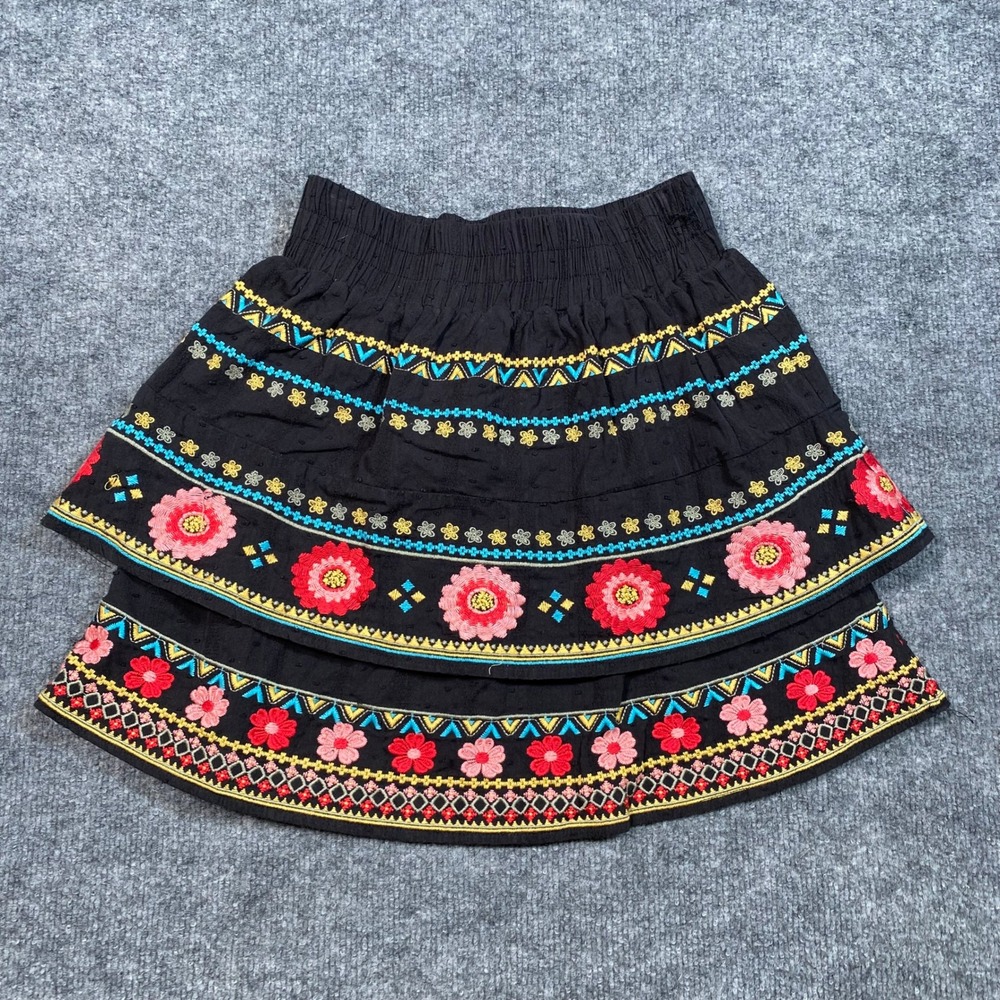 Savanna Jane Black‎ Floral Embroidered Tiered Mini Skirt Boho Festival Small